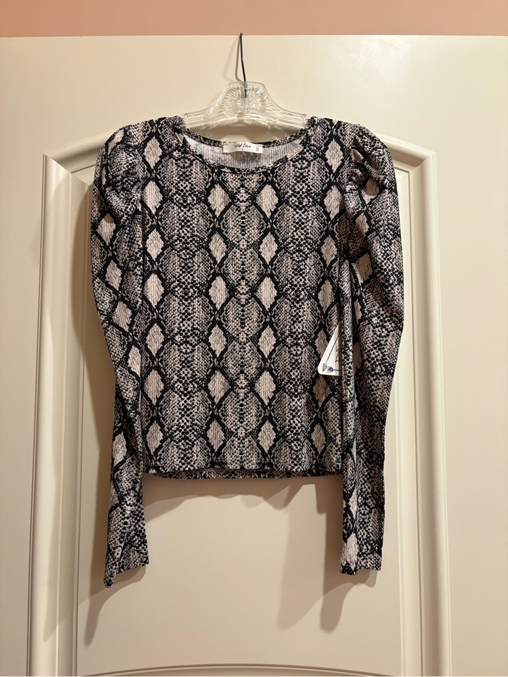 Crewneck Snake-Print Long Sleeve Top in Black & Cream